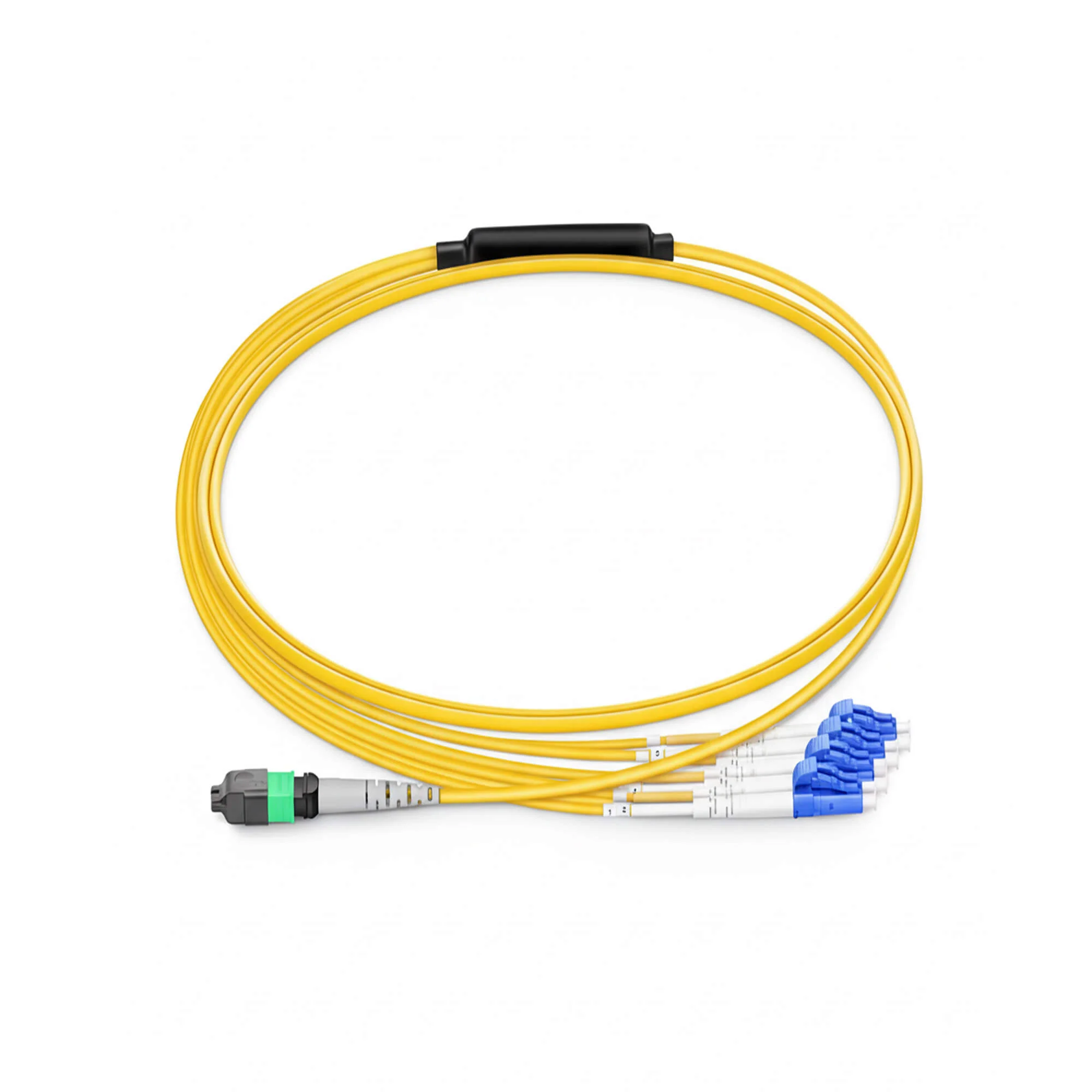 NSComm MPO 12F APC to 4xLC UPC Duplex Harness Cables, 8 Fibers, Singlemode (OS2, G.657.A1), OFNR, Crossover — 1m (3ft)